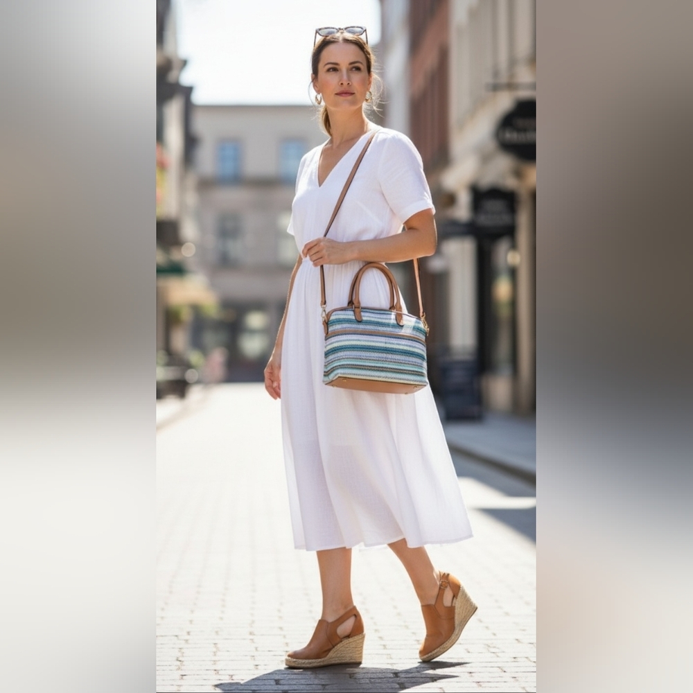 Style & Co Medium Straw Striped Dome Satchel With Crossbody Strap
